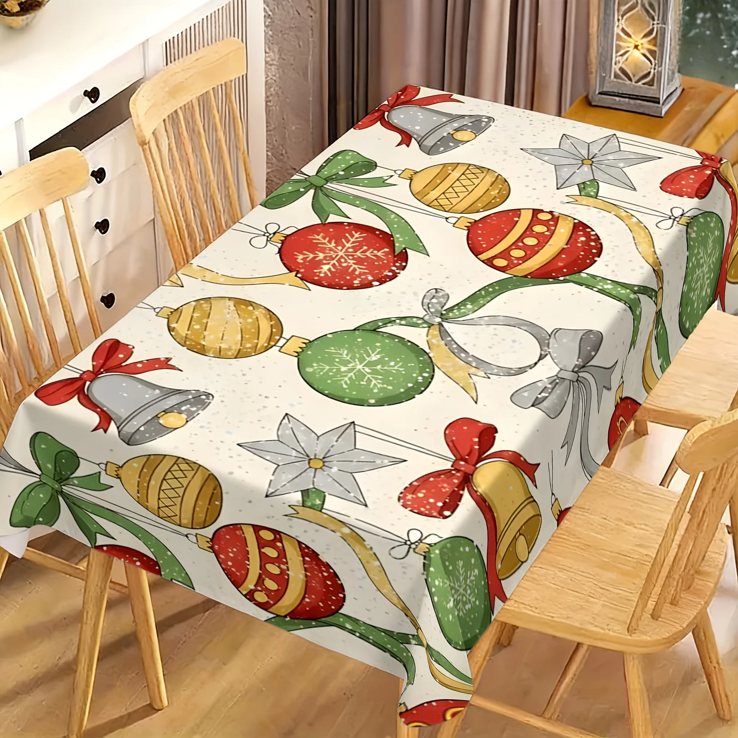 1pc 2D Flat Tablecloth, Christmas Bauble Bell Bow Snowflake Printed Rectangle Tablecloth, Decor for Dining Table, Wedding