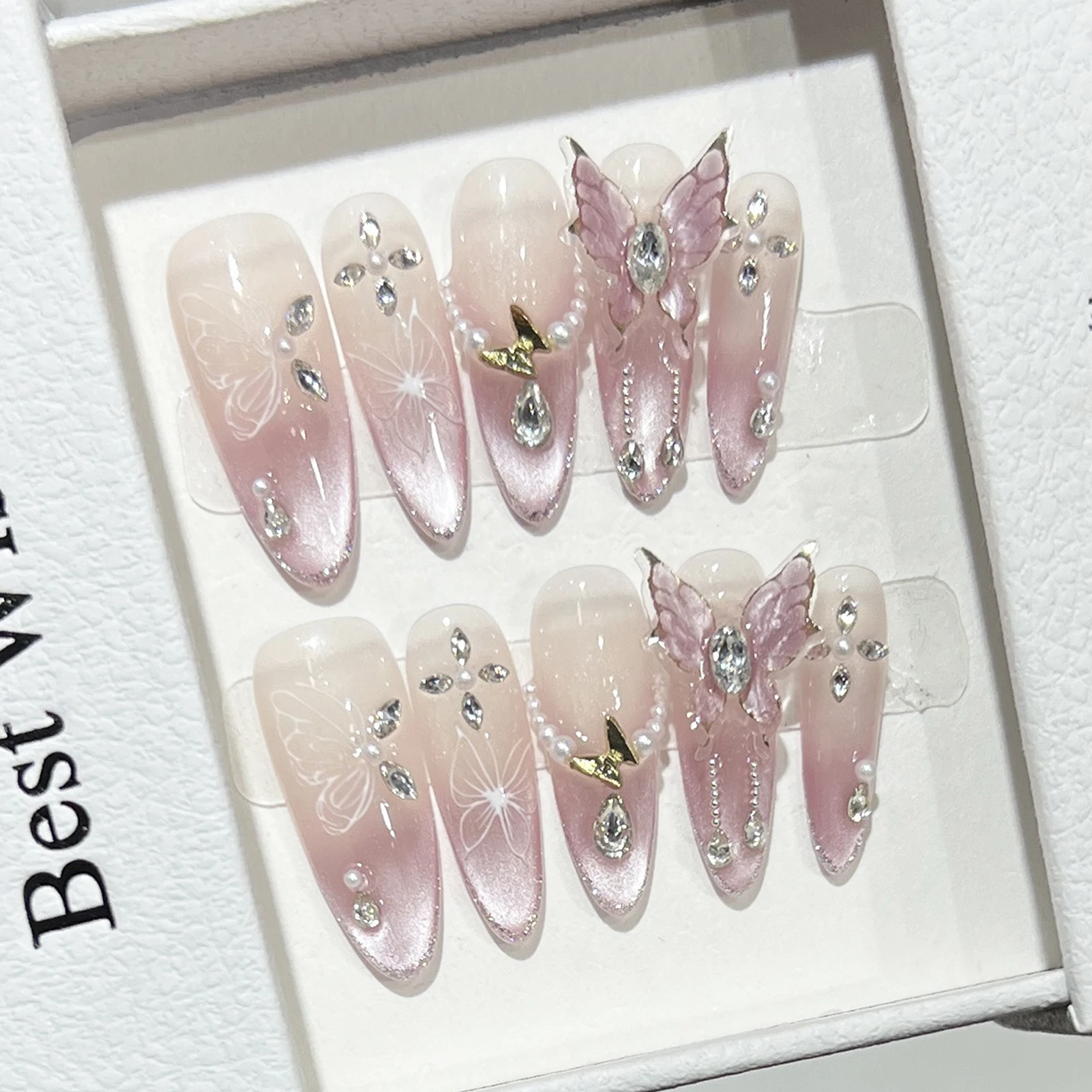10 pçs rosa olho de gato estilo francês imprensa em unhas borboleta strass decoração amêndoa artesanal unhas falsas encantadores dicas de unhas falsas