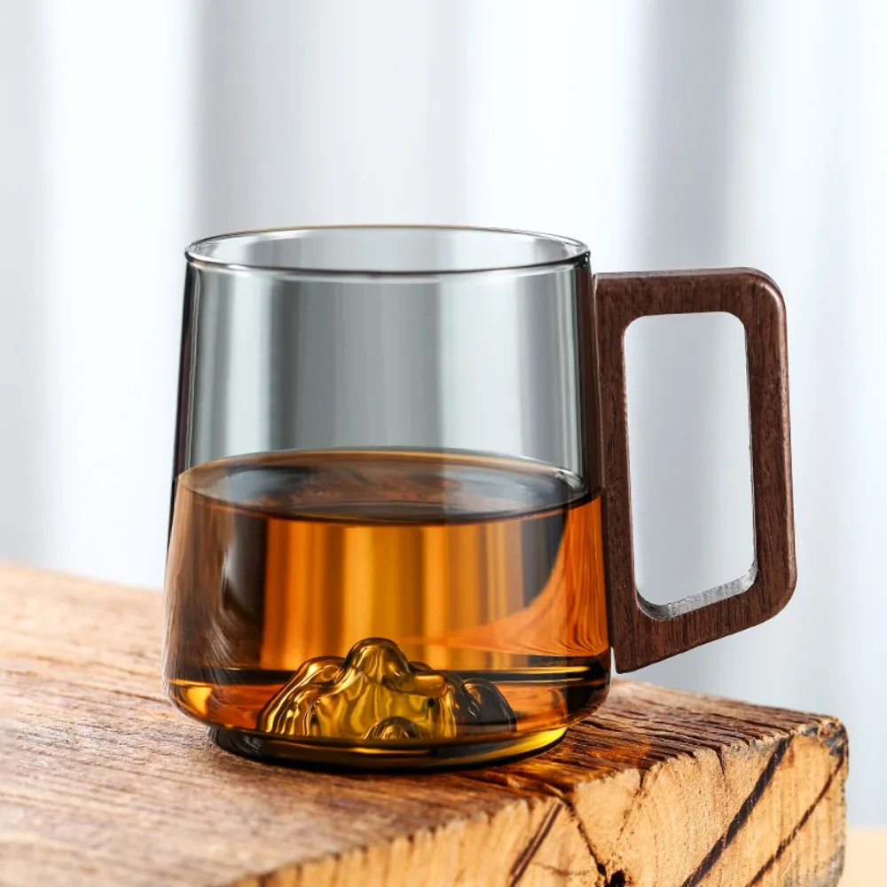 

Internal Mountain Protrusion Glass Cup Large Capacity Single-layer Water Drinking Cup Heat-resistant Wooden Handle Tea Cup