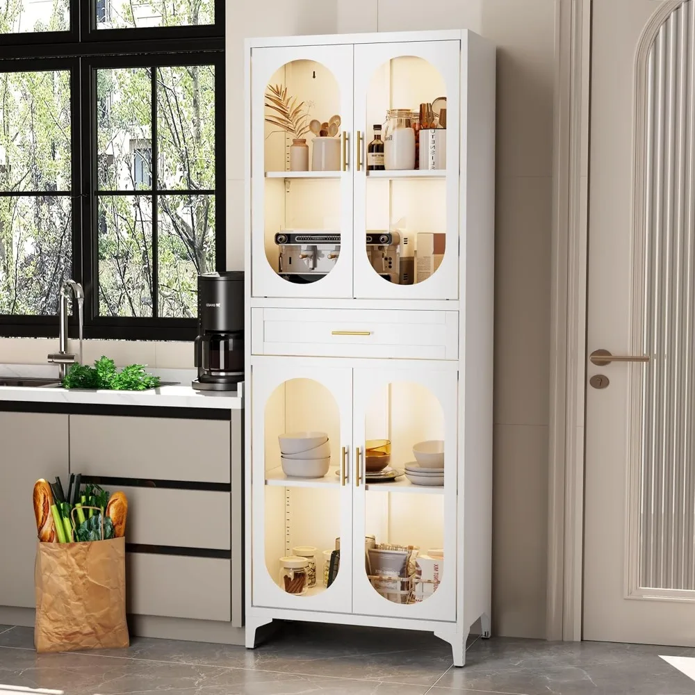 خزانة تخزين المطبخ 74.8 H مع 4 أبواب ودرج واحد، طبقات قابلة للتعديل لتخزين الحمام، خزانة معدنية طويلة للمطبخ،