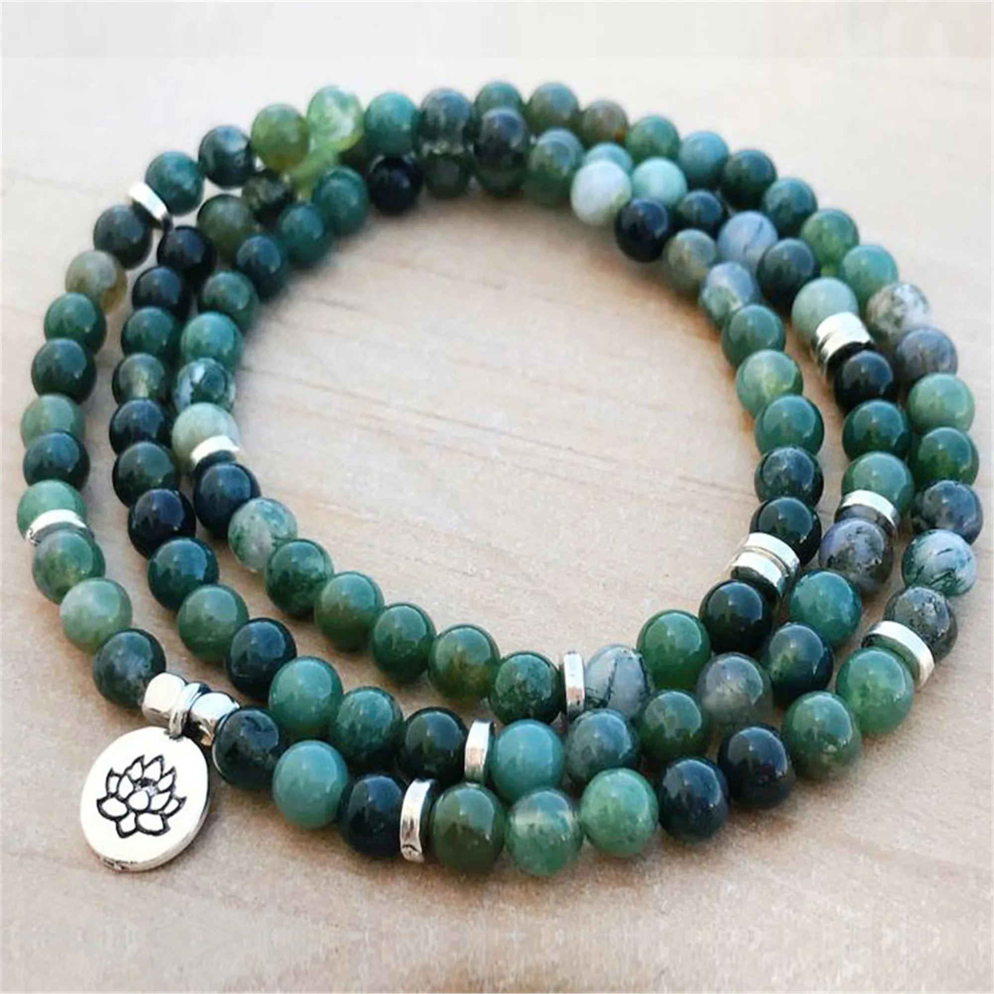 

6mm Natural Moss Agate 108 Beads Pendant Bracelet Party UnisexMeditation Peace Beaded Jewelry Mala