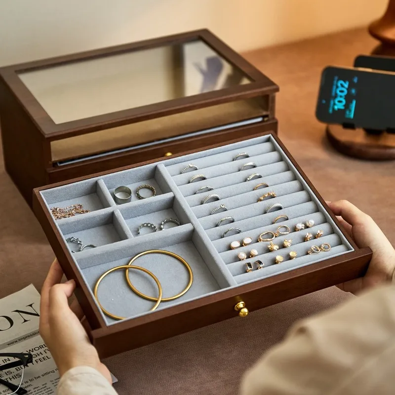 Wooden Jewelry Box Exquisite Drawer-style Necklace Ring Watch Storage Box Retro Large Capacity Jewelry Organizer Case Container