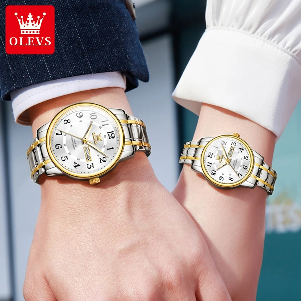 OLEVS 2891 Business Couple Watch Number Scale Classic Quartz Watch For Couple Luminous Waterproof Week Calendar Wristwatches