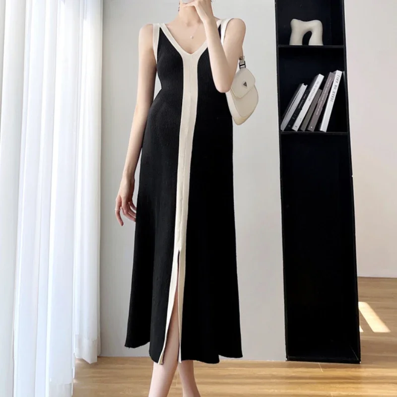 Spring Elegant V-neck Sleeveless Split Knitted Loose Calf Long Dress Contrast Color Patchwork Sexy A-line Casual Black Dress