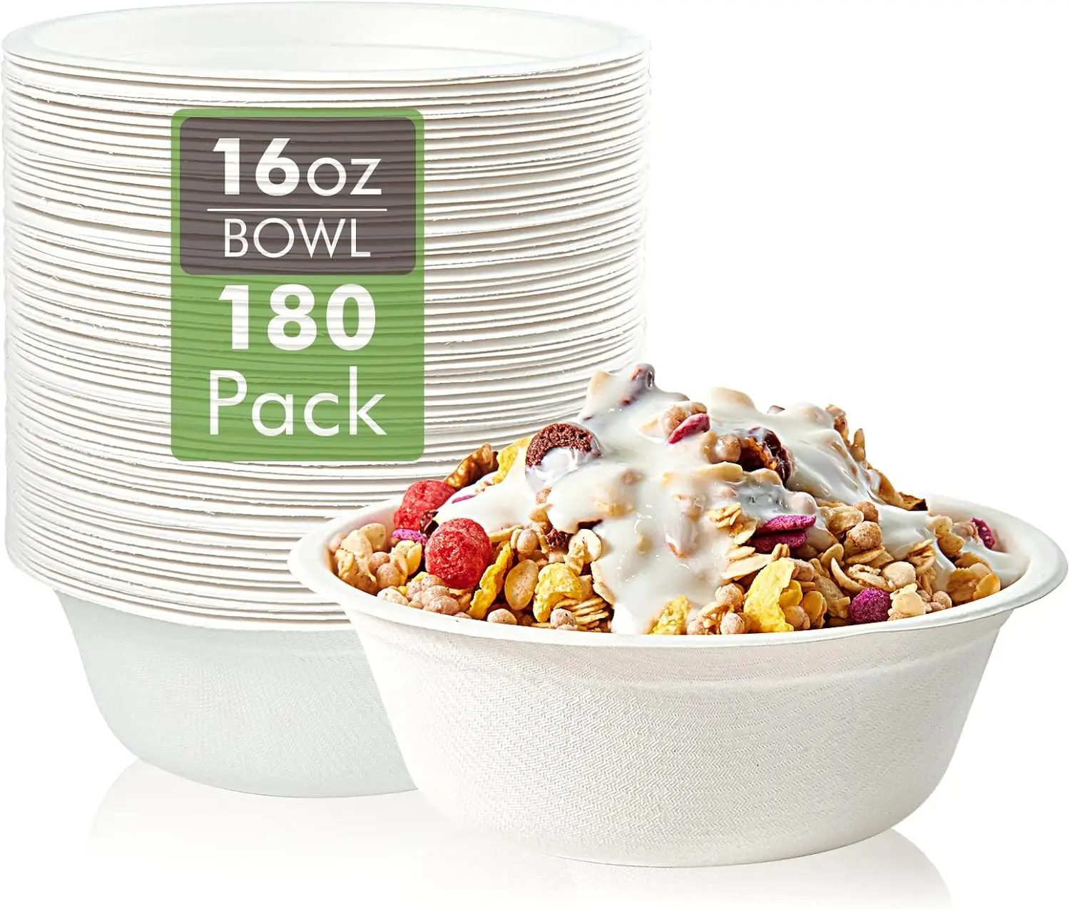 

180 Pack 16 OZ Paper Bowls, Disposable Compostable Bulk, Eco-friendly Bagasse, Heavy-duty Bowls Perfect for Milk Cereal