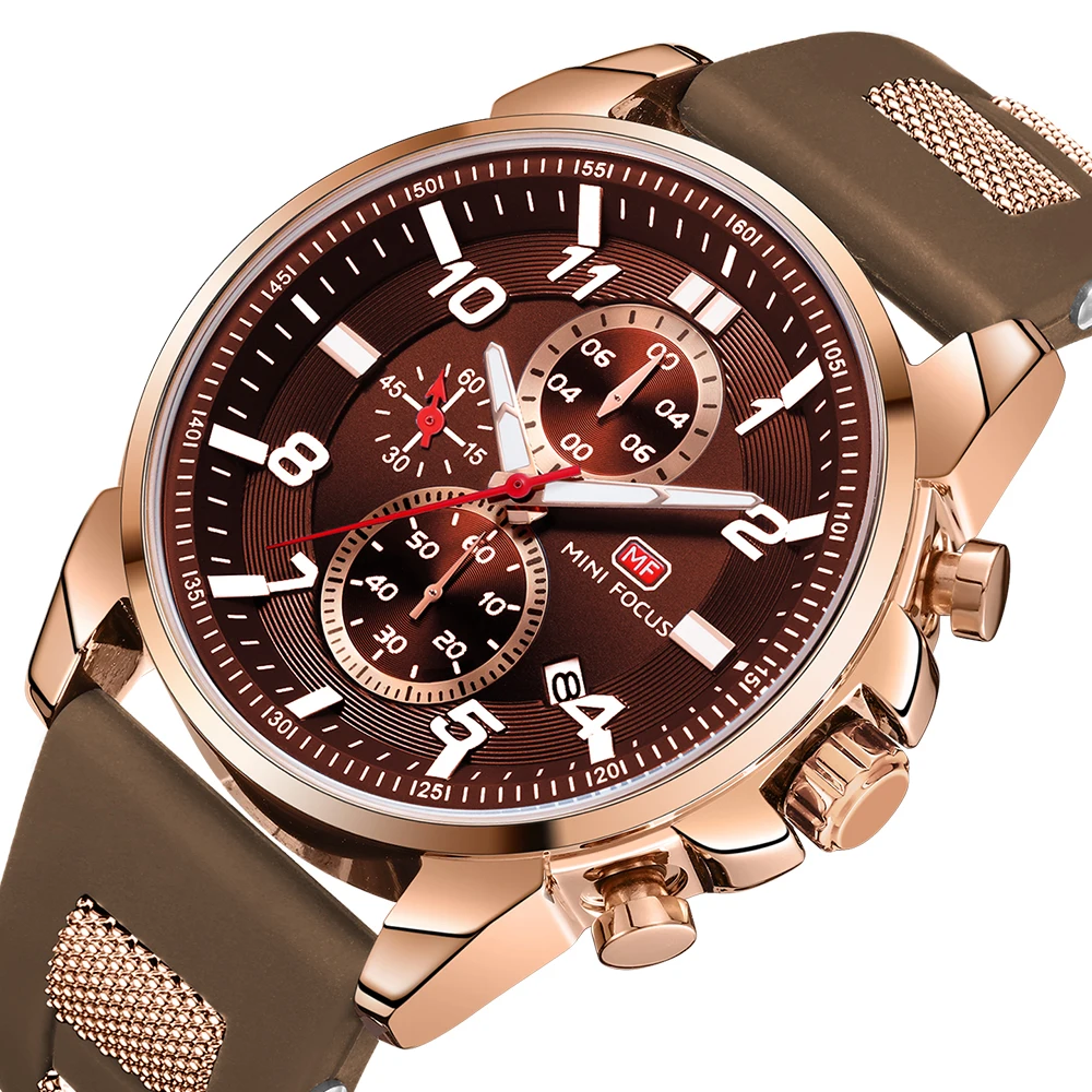 عالية الجودة التركيز الصغير MF0268G الرجال موضة ساعة رياضية سيليكون حزام مقاوم للماء كرونوغراف ساعات كوارتز للرجل