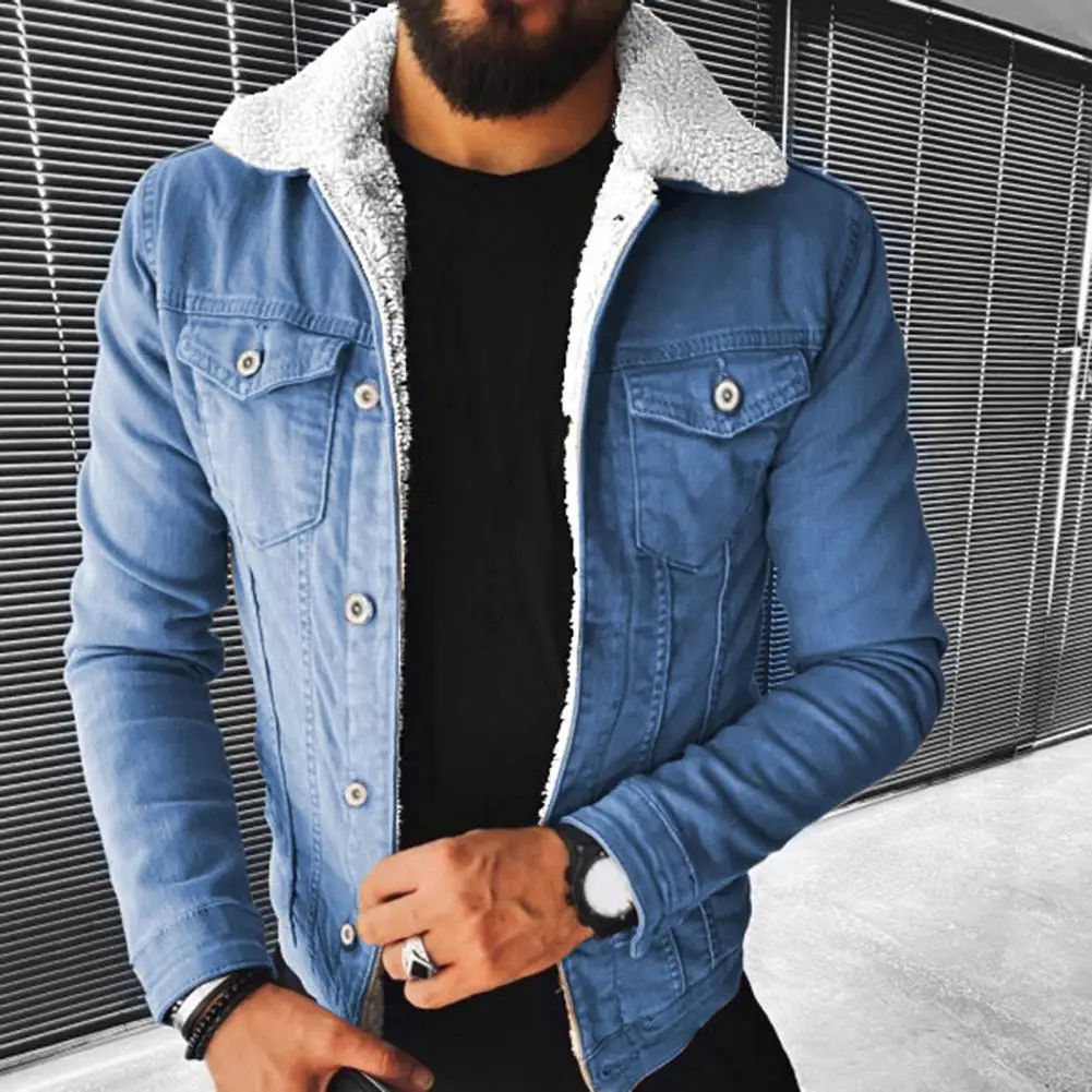 Denim Jacket Warm Men Coat Cozy All Match  Trendy Loose Turndown Collar Jacket Outerwear