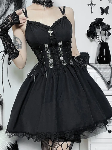 Imagen 2 del producto Vestido gótico oscuro de Lolita para mujer, vestidos de estilo Grunge, bordado negro, con corsé, línea A, ropa de fiesta
