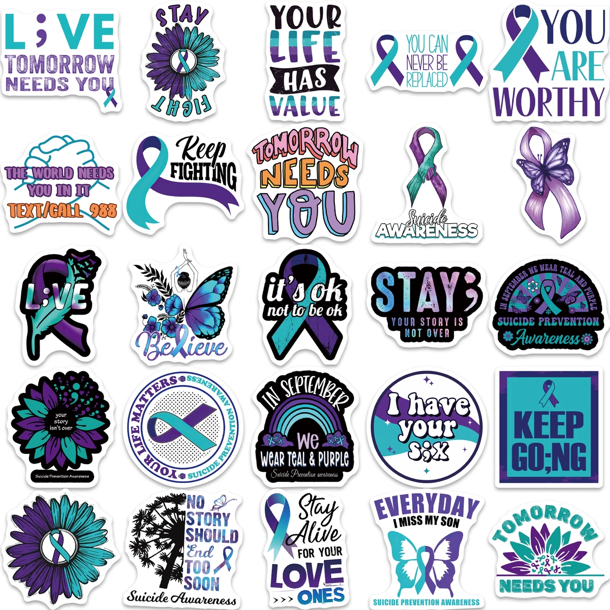 50pcs Anti Suicide Prevention Awareness Sticker For Laptop Scrapbook Luggage Box Water Bottle Mental Health Waterproof Stickers