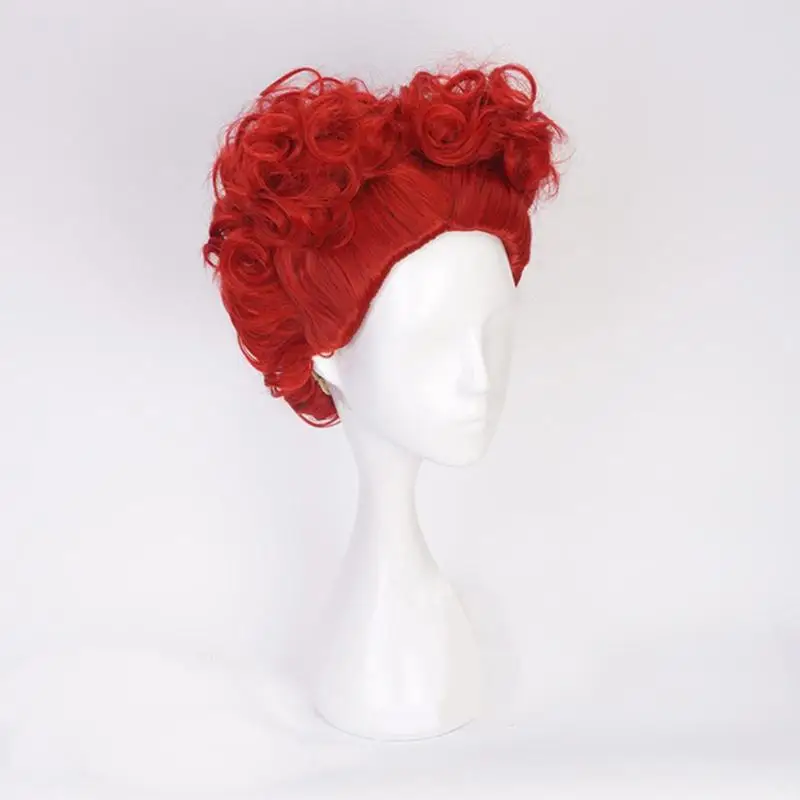 Red Queen Inspired Red Curly Double Bun Wig Red Heat Resistant Synthetic Hair Wigs + Wig Cap for Alice Halloween Costume Parties