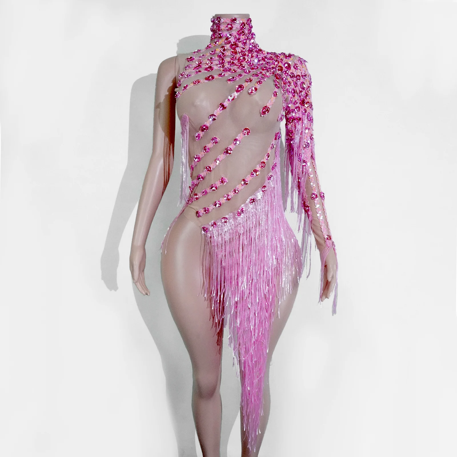 

Ladies off-the-shoulder one-piece dress blue rhinestone tassels dance singer and dancer show Latin dance dress stage performance