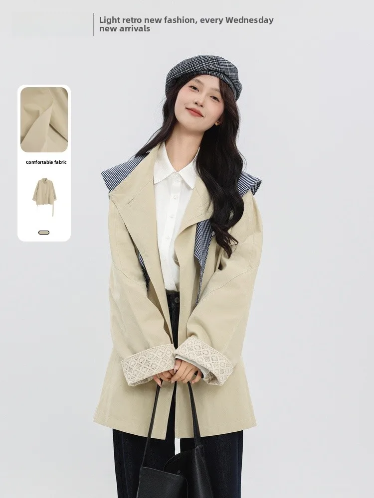 

Женская ветровка Memory's Beginning с воротником-стойкой и кружевными вставками, средней длины, осенняя новинка, простой стиль, 100% хлопок