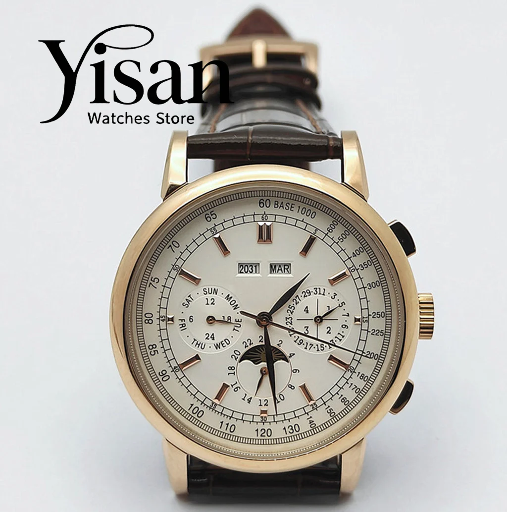 

Men's mechanical watch white dial 316L case calendar multifunctional leather strap automatic men's watch