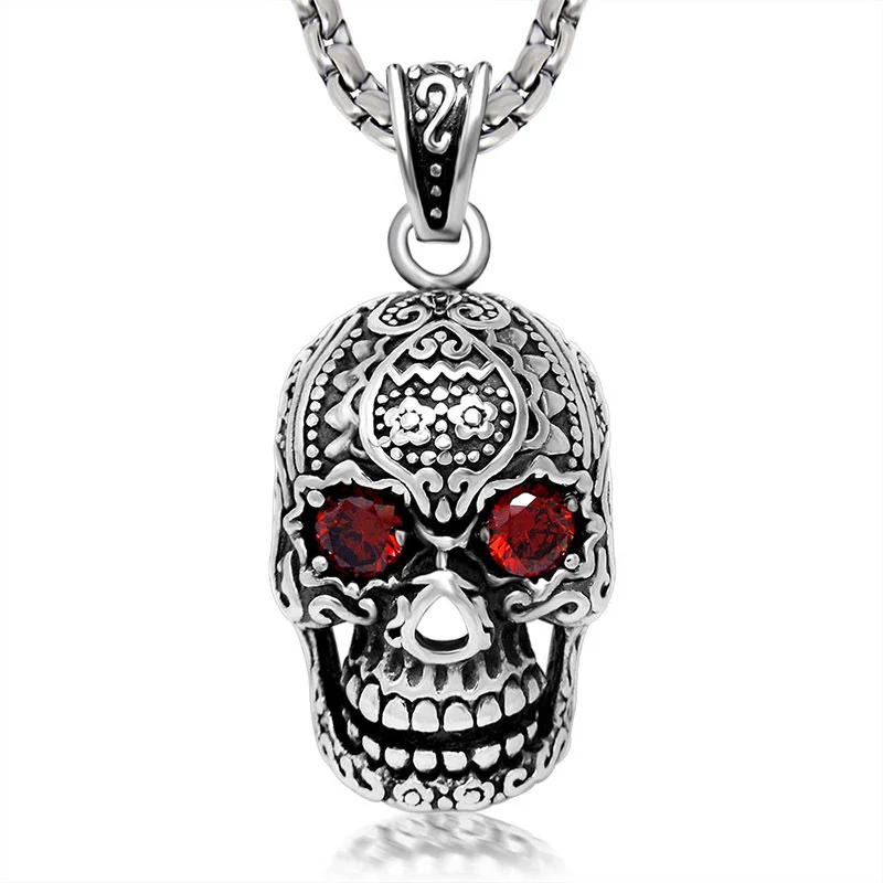

Retro punk men and women titanium steel red eye skull pendant necklace