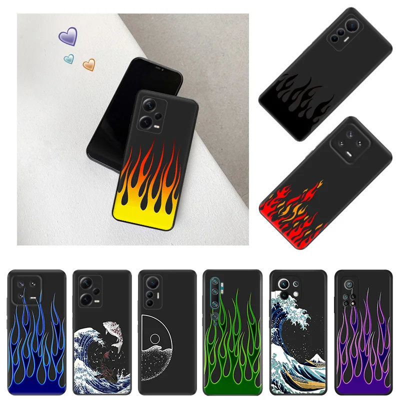 Blue Yellow Green Flame Sea wave Phone Case for Xiaomi 12 Pro 12x 12t 13 Redmi Note13 13c 12s 12c Note12 Shell Black Cases Cover