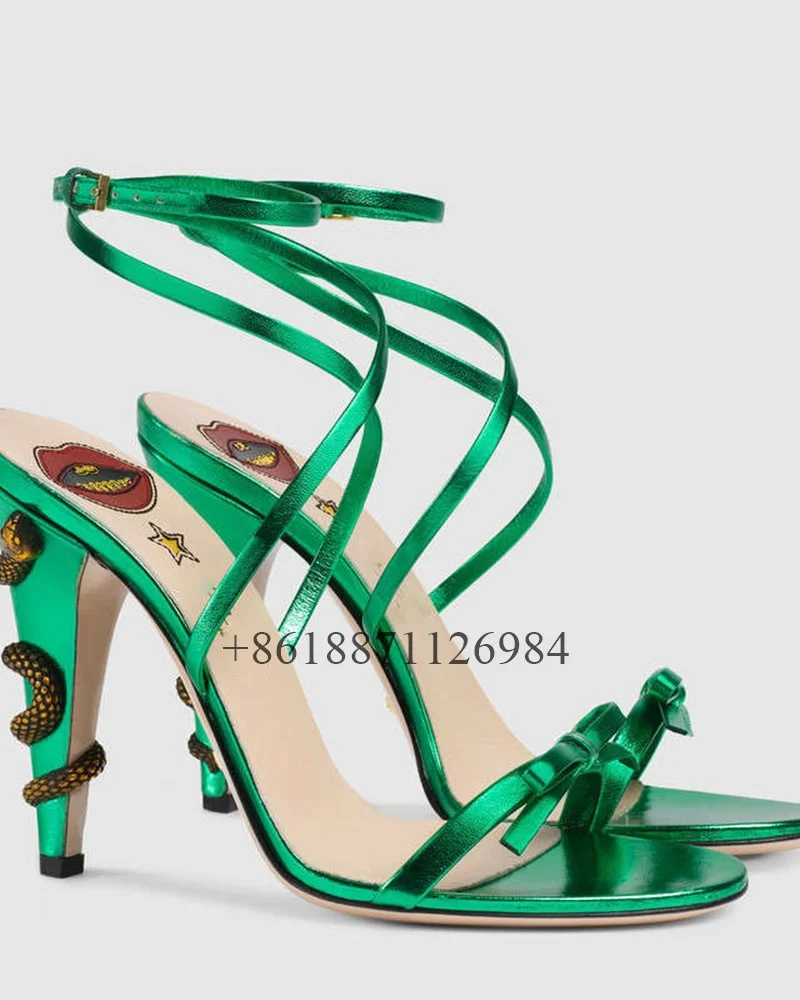 

Ankle Strap Round Toe Summer Women Sandals Snake Shaped Winding Stiletto High Heels Buckle Strap Design Large Size Shoes