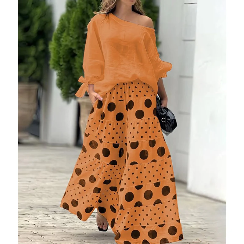 New Casual Women's Suit Long Sleeves A One-shoulder Neck Loose Top Polka Dot Wide-leg Pants Sets Fashion Summer Two-piece Set