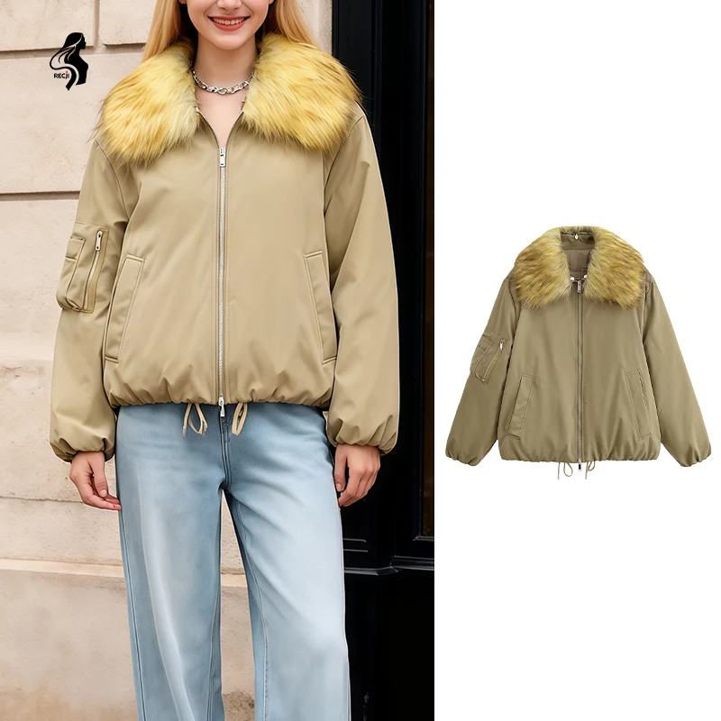 Abrigo de invierno acolchado con cordón en la cintura para mujer Chaqueta bomber de color caqui con cola de piel sintética