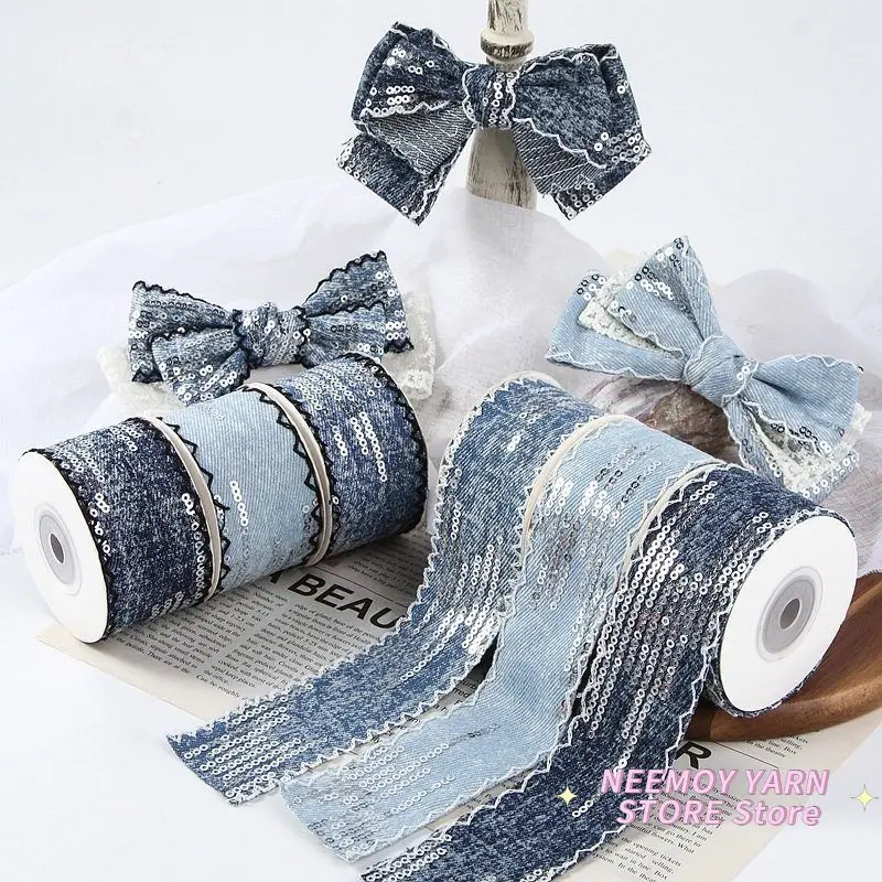 

2.5CM Sweet Cool Glitter Cowboy Blue Retro Hook Edge Ribbon DIY Handmade Bow Material Packaging Ribbon