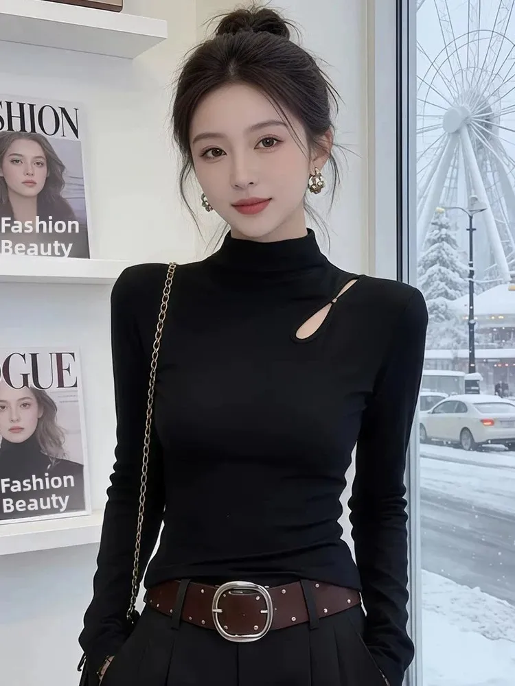 Sexy Hollow out Long Sleeve T-Shirt Half High Collar Fleece Lined Slim Fit Inner Wear Top Korean Style Cotton Polyester Blend