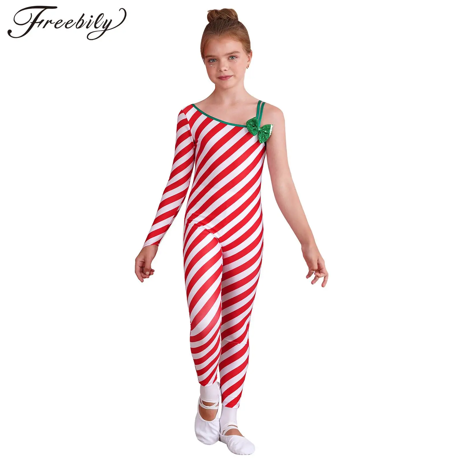 Kids Girls Christmas Dance Bodysuit Jumpsuit Candy Cane Striped Bodysuit Santa Outfits Gymnastics Ballet Leotard Unitard