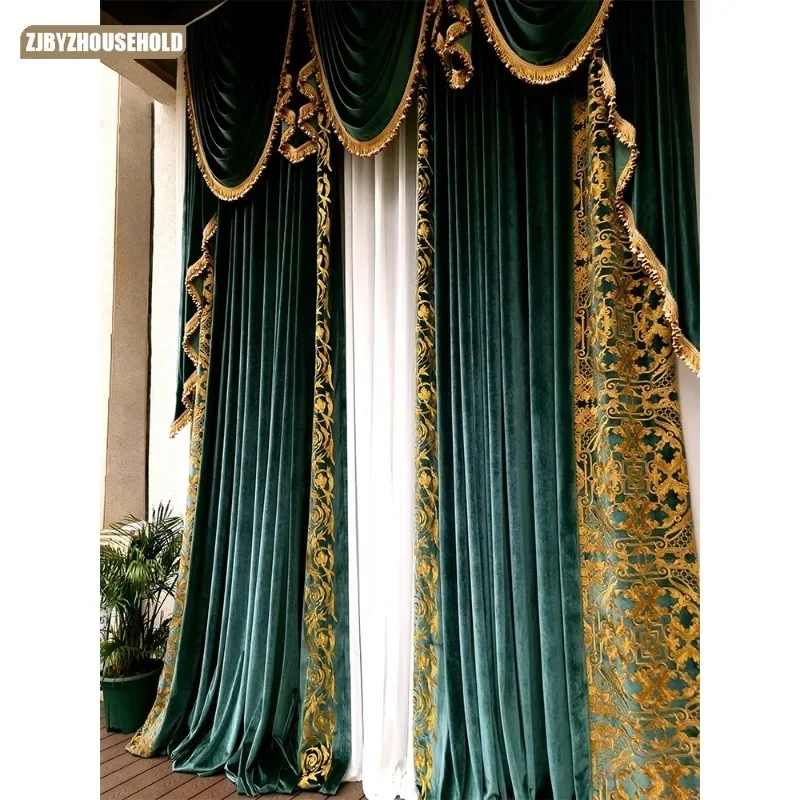 Dark Green Velvet Curtains for Living Dining Room Bedroom Luxury Embroidery American  High Window  European High-end Customize