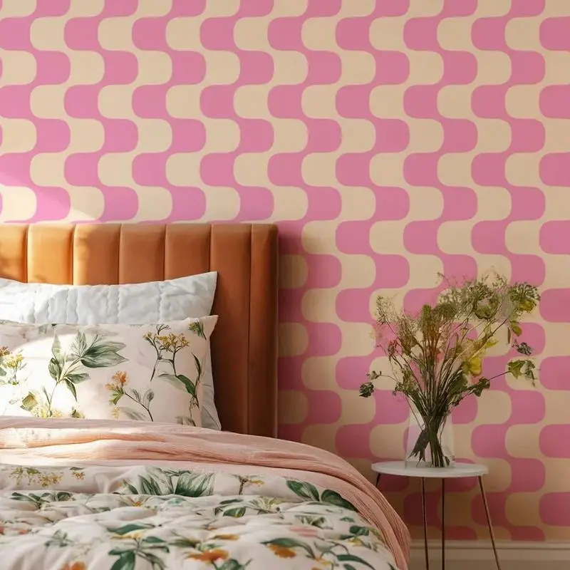 Lively Pink Geometric Flow Wallpaper Peel and Stick, Pink Stripe Wall Mural For Home Decoration,Self-adhesive Or Tradition Paper