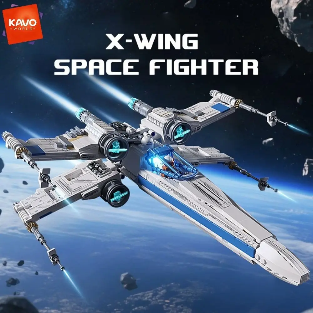 KAVOWORLD 1271pcs Sci-Fi Space Fighter Building Blocks Set With Mini Pilot Figure Blue Light-Up Cockpit X-Wing Starfighter Construction Bricks Model Kit With Retractable Landing Gear DIY Assembly Starship Display Toy Christmas Halloween Black Friday Gifts