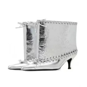 المرأة السوداء حذاء من الجلد أشار تو كعب ستيليتو القوس تفاصيل PartyDaily ارتداء العصرية بولي Leather الجلود أحذية بوت قصيرة تصميم حافة فريدة من نوعها #5