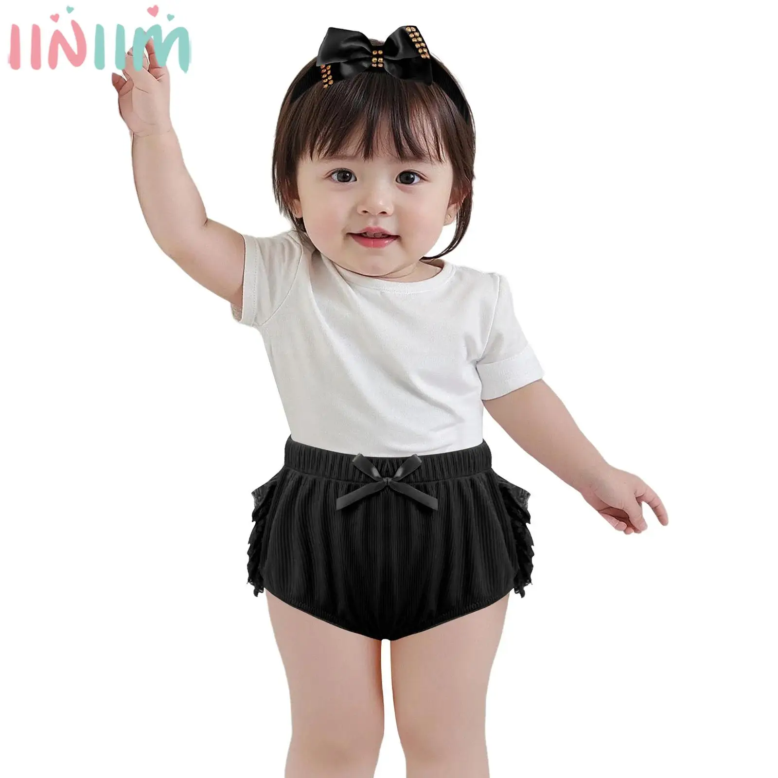 

Сладкие шаровары с бантом для маленьких девочек, многослойные кружевные шорты с эластичным поясом и повязкой на голову для фотосессии на крещение, день рождения