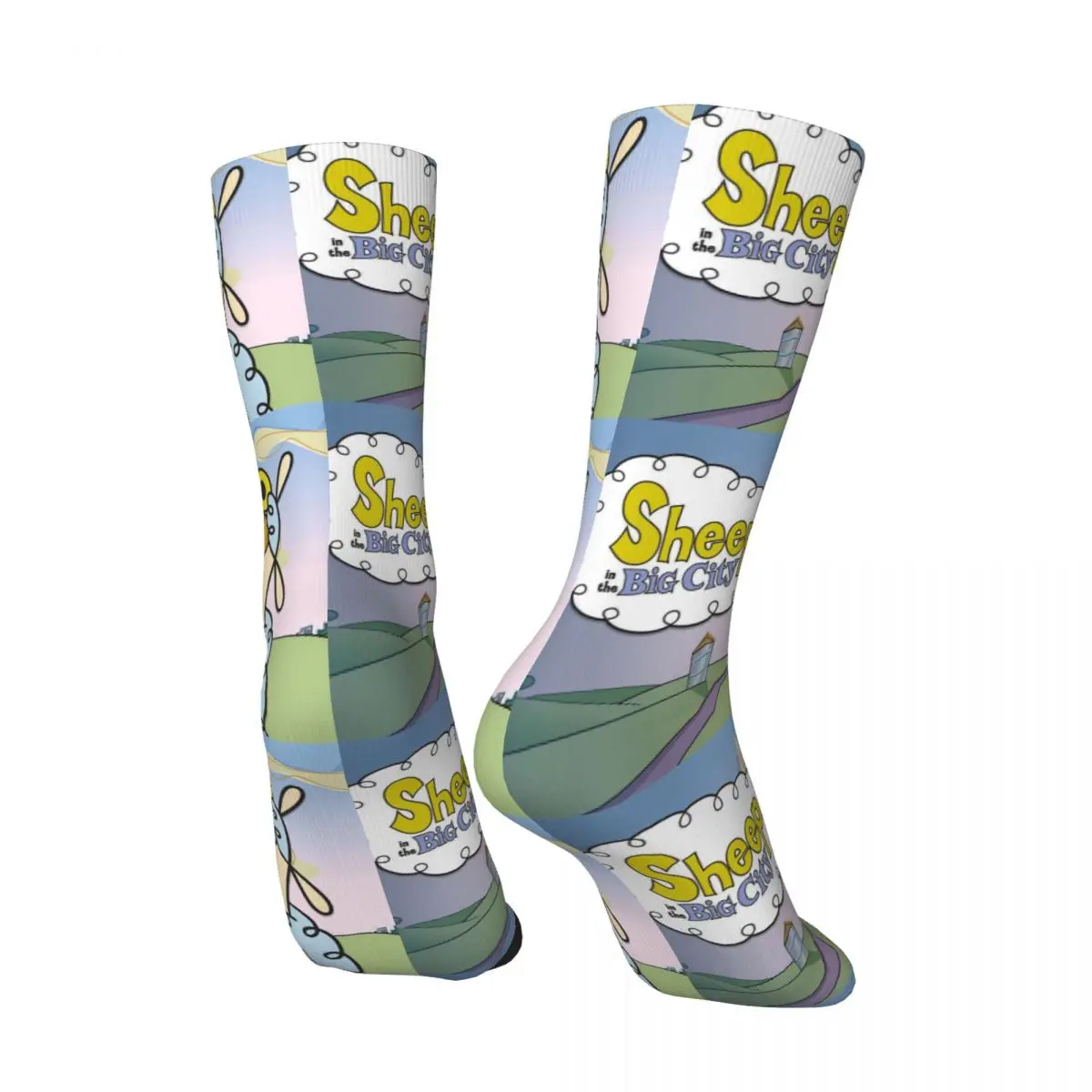 Funny Crazy compression Funny Sock for Men Hip Hop Harajuku Sheep In The Big City Cartoon Happy Seamless Pattern Printed