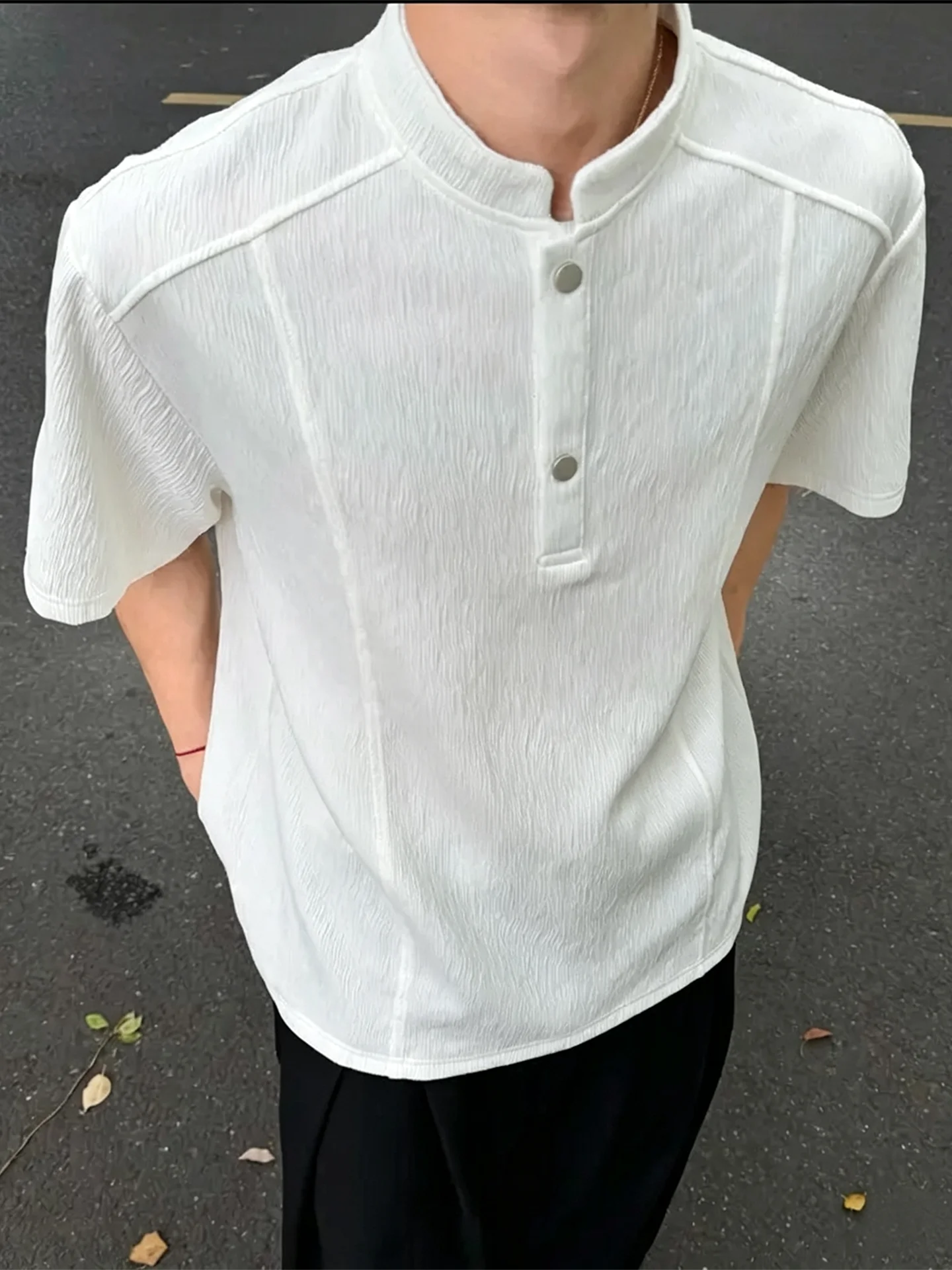 Cleanfit White Texture Tree Bark Folded Henry Collar Short Sleeve Men's Summer Thin American Style Ice Silk T-Shirt Casual Fa...