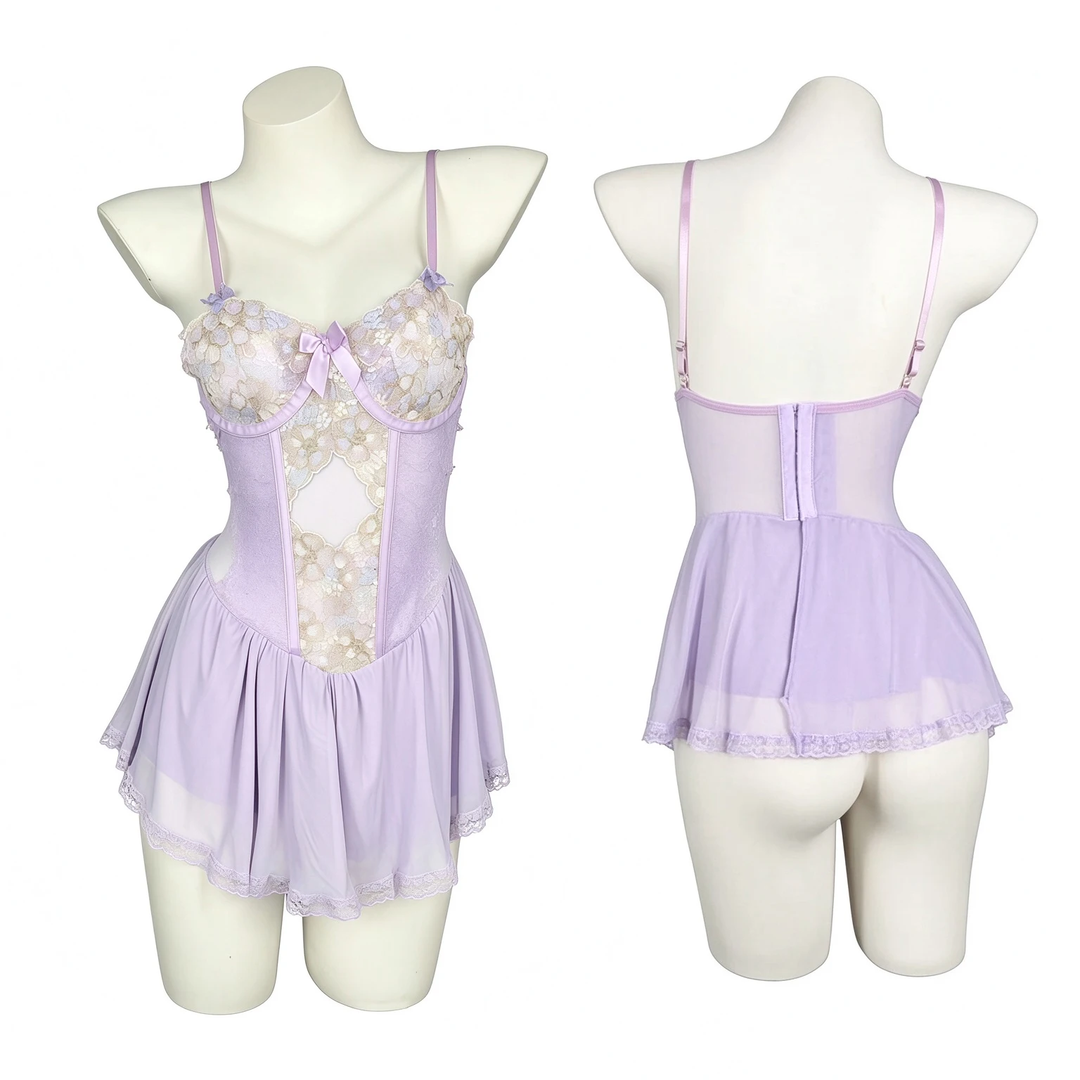 Purple French Lace Camisole Dress Flirting Sexy Sleepwear Bowknot Backless Deep V Sleeveless Dress Charming