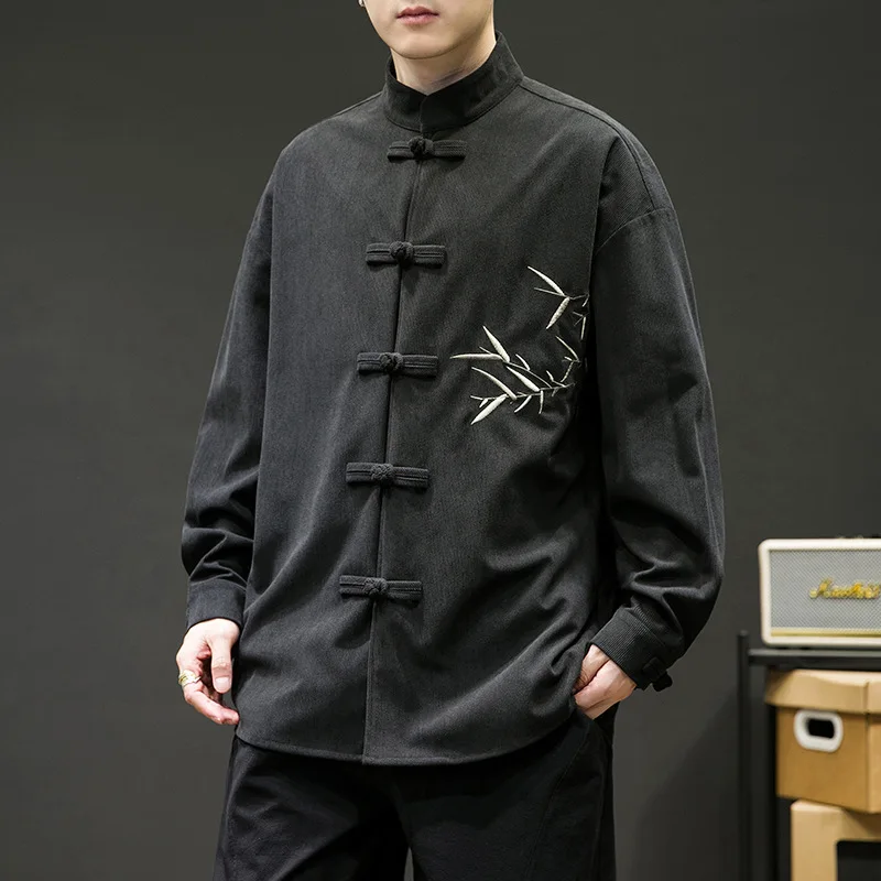 New Chinese Style Frog Button Embroidered Corduroy Shirt Men's Plus Size Casual Top