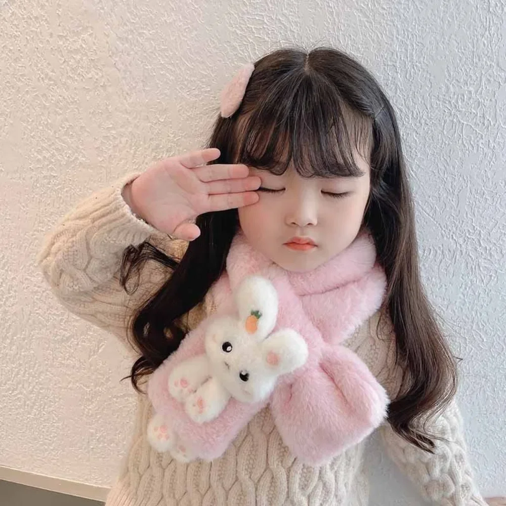 Boys Girls Winter Scarfs Thick Plush Cross Children\'s Scarf Baby Bib Cute Cartoon Rabbit Faux Fur Neck Protection Warm Shawl