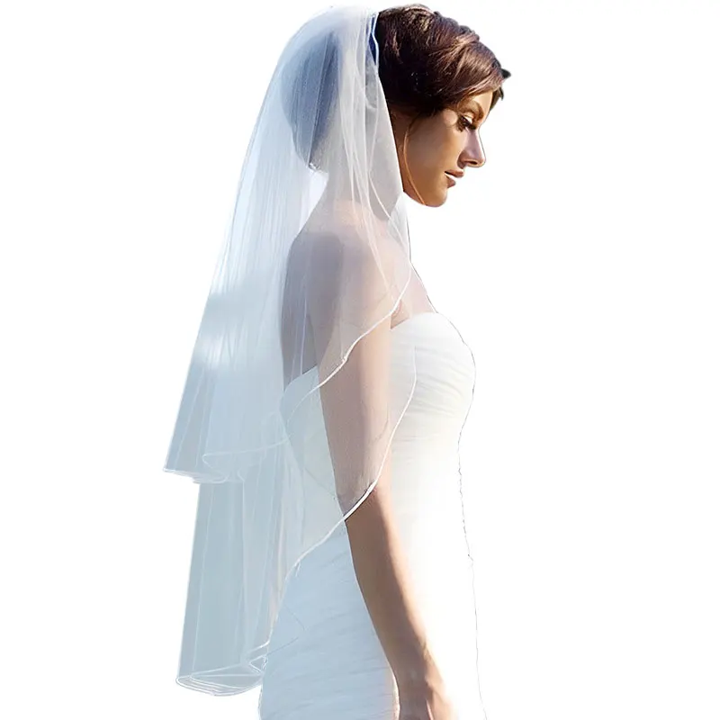 V762 Elegant Wedding Bridal Handmade Veil Two-Layer Tulle White Ribbon Edge Brides to Be Women Headdress Veil