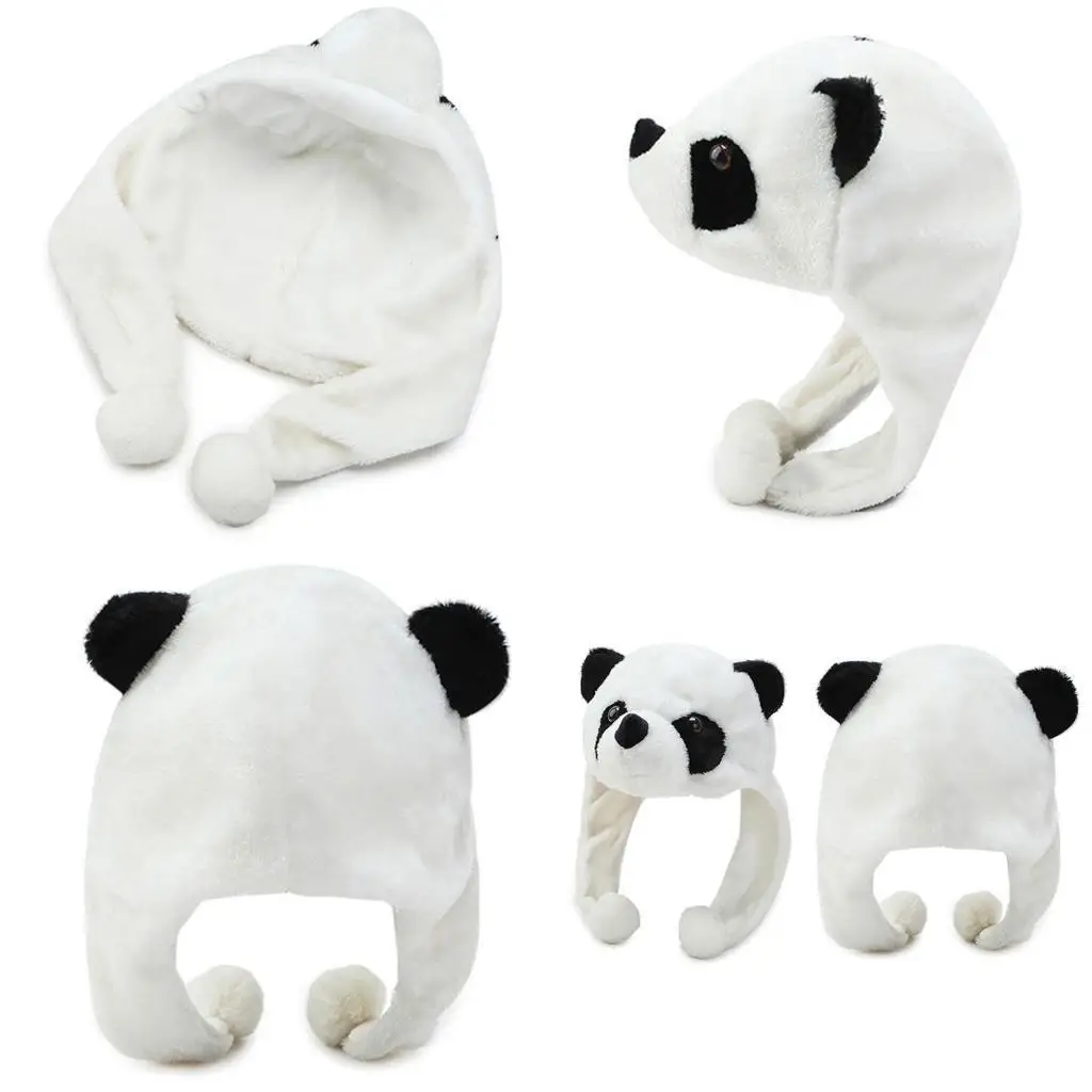 

R1WE Мультяшная плюшевая шапка-бини в виде панды с помпоном на длинном ремешке, теплая шапка-ушанка, мягкие игрушки