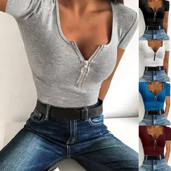 women solid long-sleeved T-shirt Chest cross straps sexy short t-shirt Deep V-neck lo shi Luyao tigh t shirt