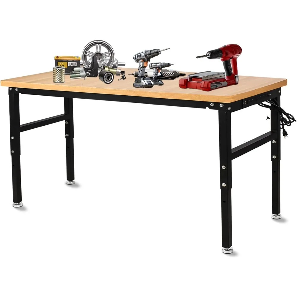 

60'' Adjustable Work Bench with Power Outlet, Work Table for Garage,2000 Lbs Capacity Hardwood Workbench,Heavy Duty Table