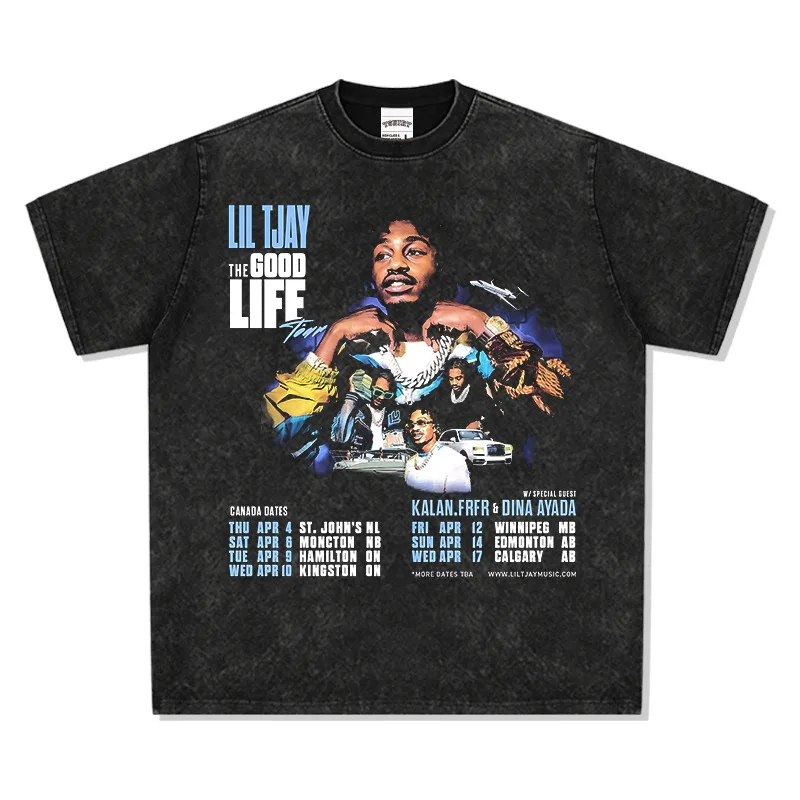 

2025 Lil Tjay Hip-hop Rap American Street Fashion Brand Retro Print Aged Washed Heavy Pure Cotton Short-sleeved Shirt