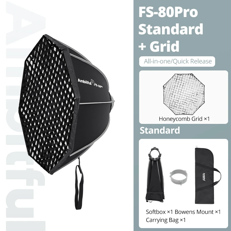 AMBITFUL Octa 80cm Portable Softbox Quick Set-up Softbox Bowens Mount Softbox Replaceable Mount With Grid Octagonal Softbox