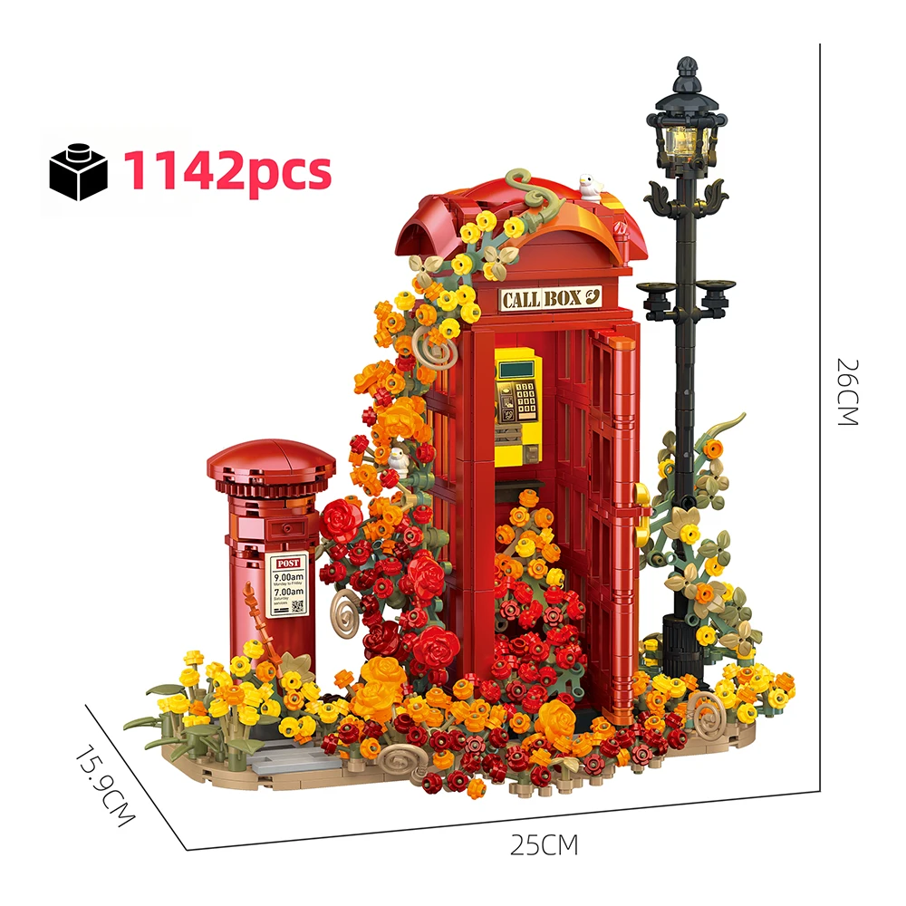 FUNXINEE 1142Pcs Retro Phone Booth Building Blocks Architecture Set Mailbox Floral Light 3D Desktop Model MOC Christmas Gift