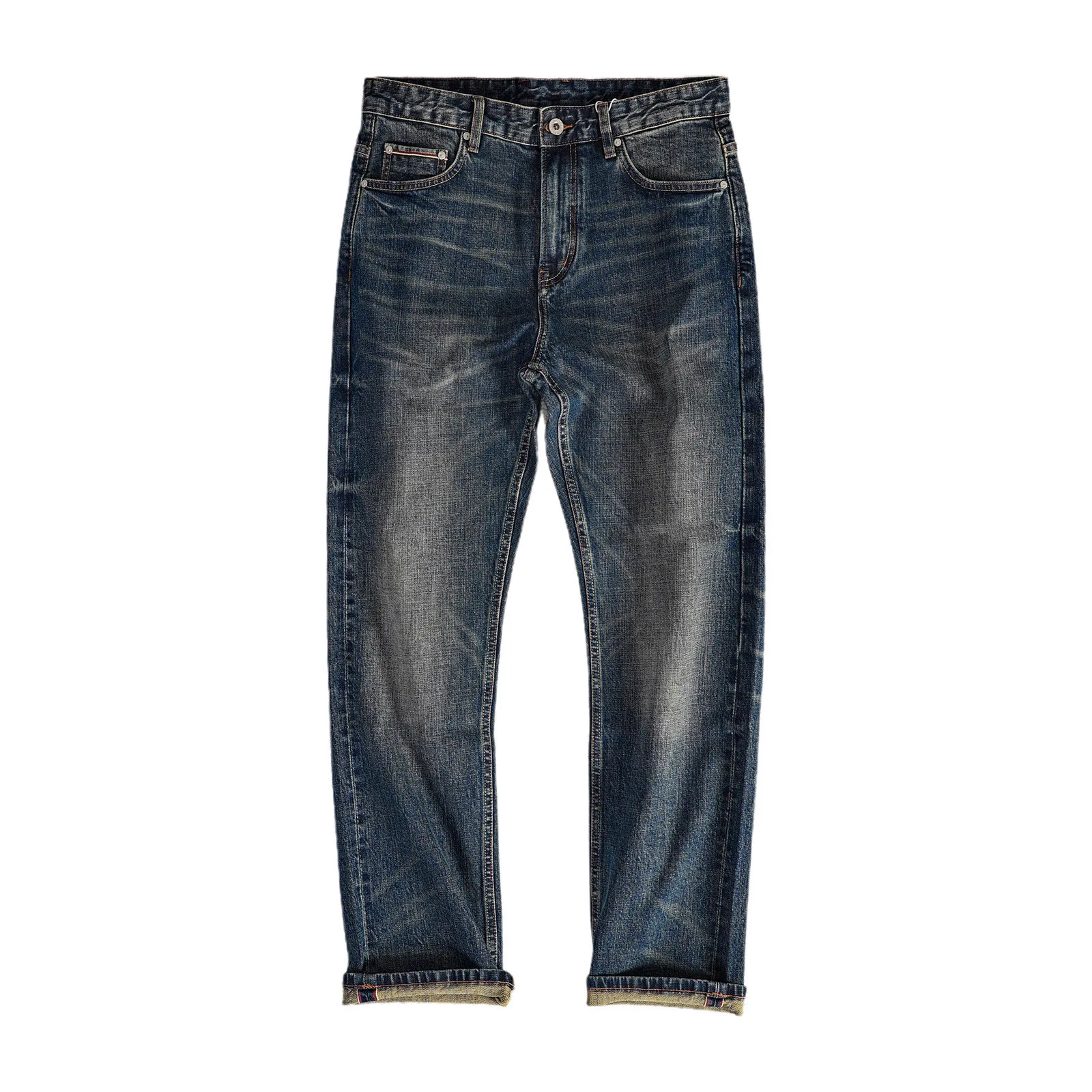 

99% Cotton Autumn Winter Heavyweight 15oz Selvedge Denim Jeans for Men American Retro Heavy-Wash Standard Straight-Leg Pants