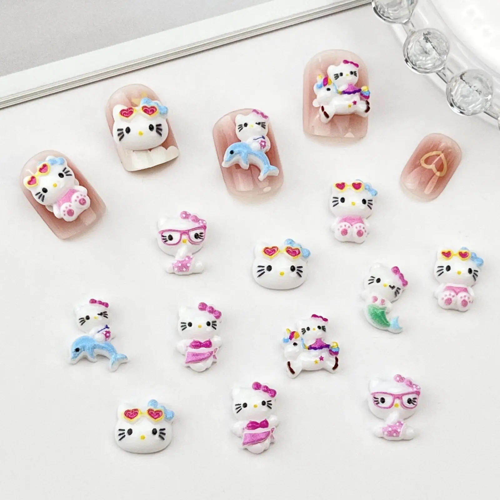 20Pcs New Beach White Hello Kitty 3D Color-changing Cute Mermaid Cat Nail Art Decorations