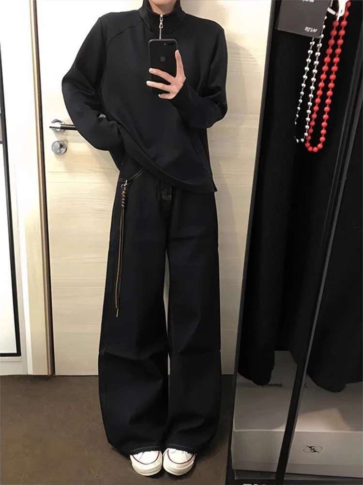 

Black Wide Leg Straight Cut High Waist Jeans Men's Loose Clean Fit Trousers Long Floor Length Youth Fashion Denim Pants