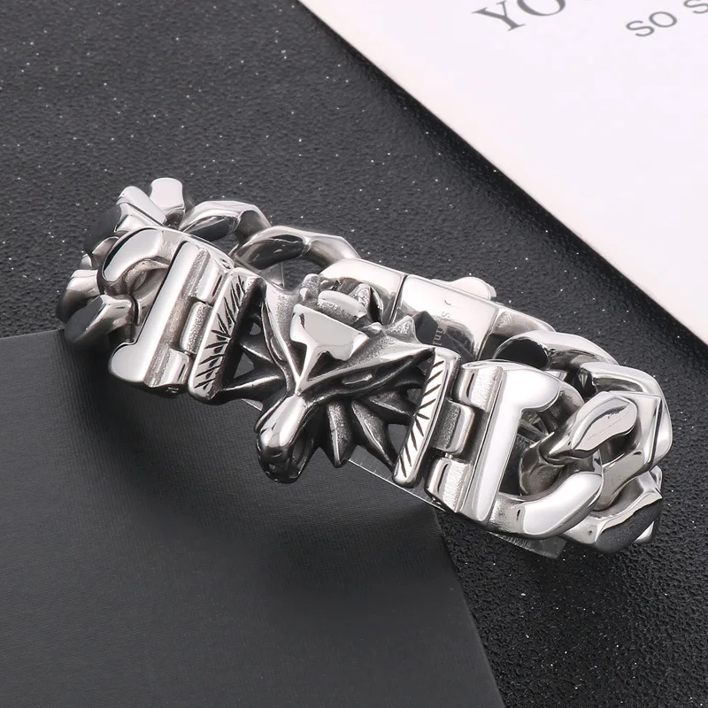 20mm Punk Retro Viking Wolf Head Bracelet Men Women Hiphop Rock Stainless Steel Biker Bike Cuban Curb Chain Bangle Jewelry