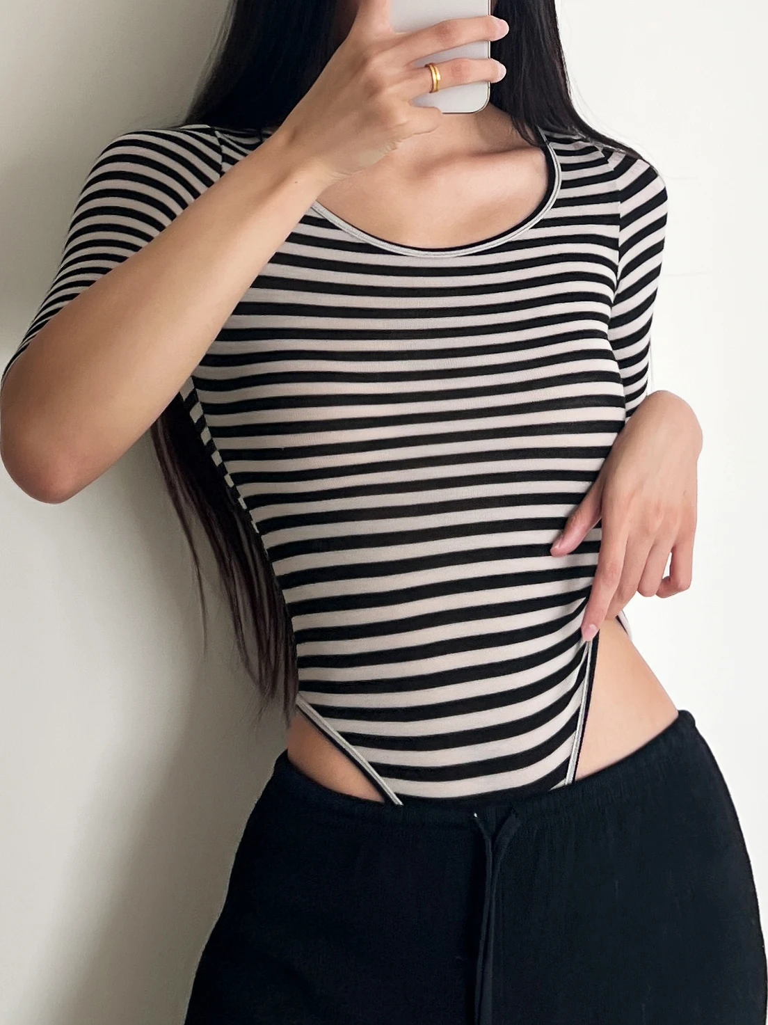 슬리밍 스트라이프 미드슬리브 아메리칸 컬러 블로우 티셔츠 원피스 얇은 어깨끈 출퇴근용 슬림 하이웨이스트 바지 여성용...