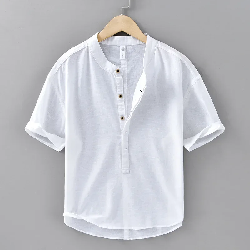 

2026 Summer New Breathable Linen Cotton Short Sleeve Shirt for Men Clothing Slim Pullover Shirts