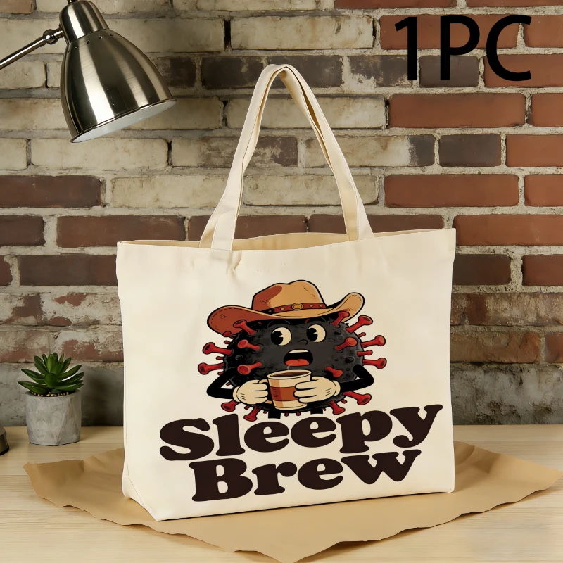 

1 шт., белая холщовая большая сумка с креативным виральным узором, большая вместительная сумка для хранения, портативный пригородный рюкзак через плечо