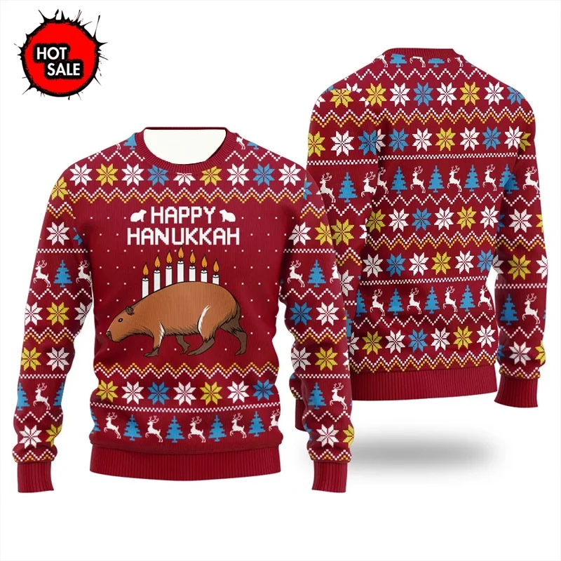 Cute Capybara Pattern Ugly Christmas Sweater Long Sleeve Pullover for Adult And Kid Warm Festive Family Outfit Apparel